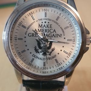 Donald Trump- Make America Great Again Silver/Black Leather Men's Dress Watch